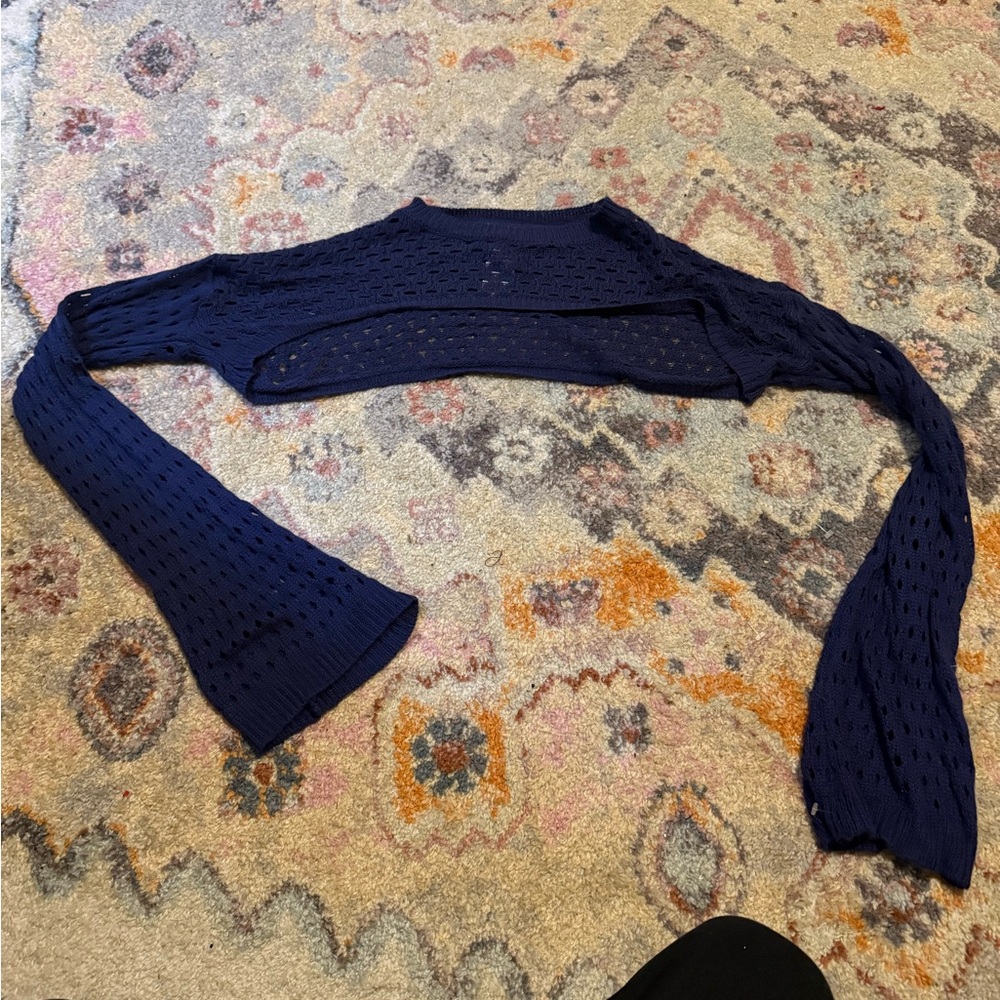 Edikted Navy Open-Weave Off-Shoulder Bell Sleeve Shrug